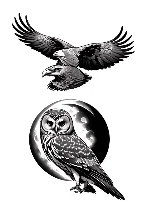 barred owl with eagle moon tattoo design idea