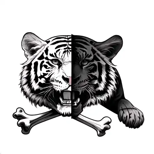 a tiger that is half in skull and bones and half real tiger. include bones and meaningful for a woman.  tattoo design idea
