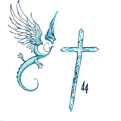 Angel number 444 Cross with  and water dragon   with a ocean vibe the fits  behind the ear feminine  tattoo design idea
