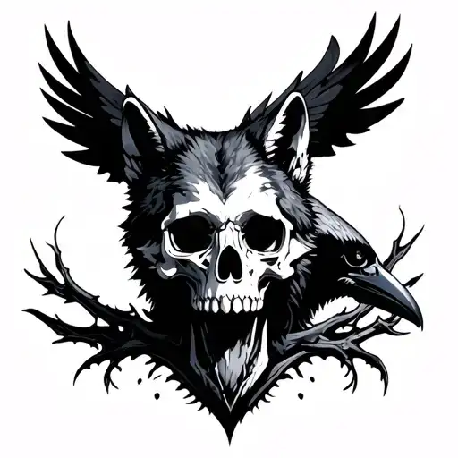 wolf, crow, skull, dark asthetic tattoo design idea