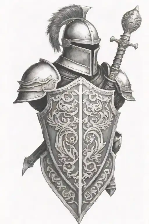 plate armor tattoo on the forearm half sleeve with a shield emblem etched in the middle tattoo design idea