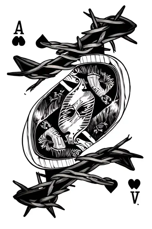 Ace of hearts card; barbed wire border tattoo design idea