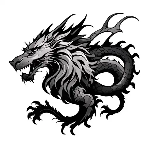 Half Lion Half Dragon outline tattoo design idea
