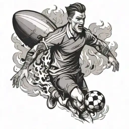 footballer with a burning ship behind him tattoo design idea