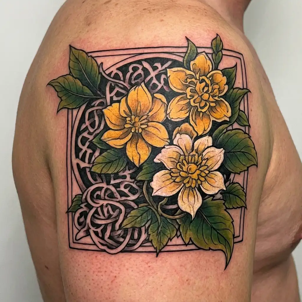 Celtic father-daughter knot design incorporating stems, leaves, marigold blossoms and honeysuckle blossoms tattoo design idea