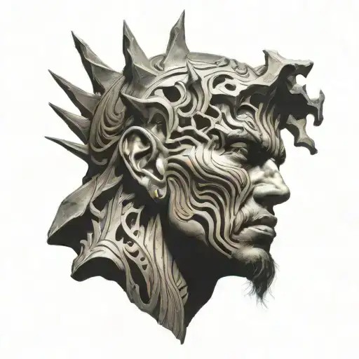 psychadelic warrior head with a crack in it sunlight bursting from the crack tattoo design idea