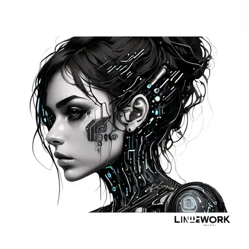"Linework" Cyberpunk female face, mech-anime style, glowing tech implants, binary code in skin, circuit lines, sharp ink linework, tattoo design idea