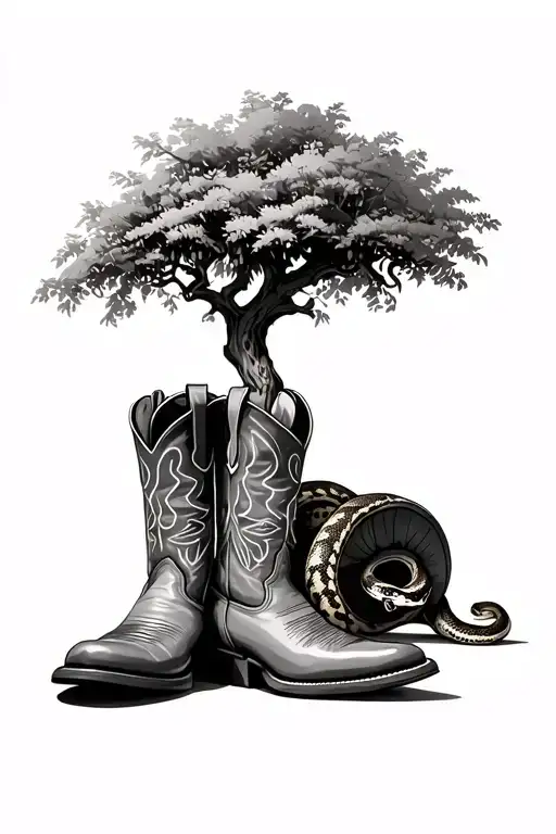 pair of cowboy boots, one standing with wattle tree coming out and the other boot laying down on its side with a snake tattoo design idea