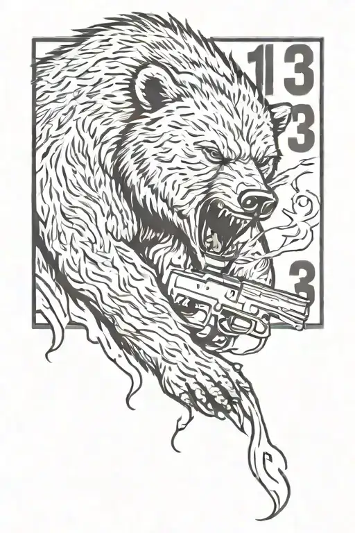 A half man half beast with a fiery mane shooting a shot gun at  a grizzly bear made of fire. with the numbers 13,23  tattoo design idea