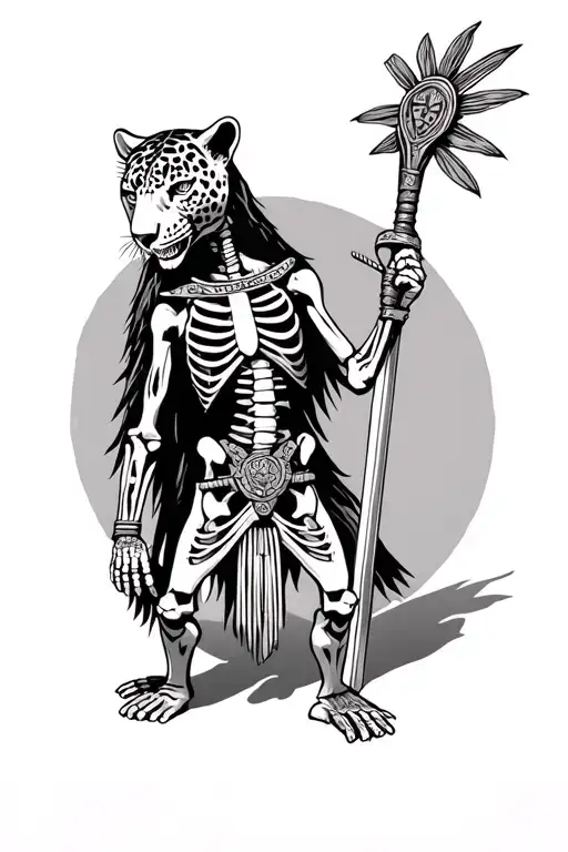 realistic human skeleton jaguar warrior aztec wielding macuahuitl tattoo design idea