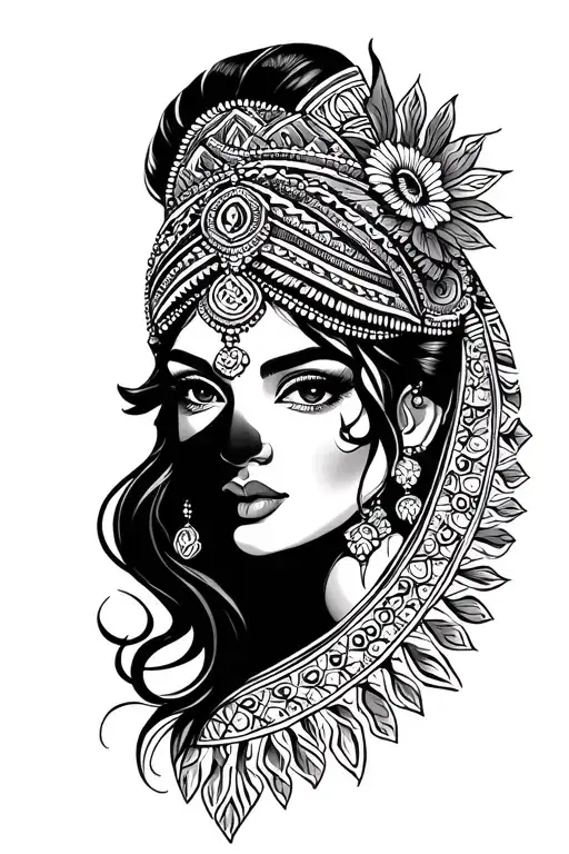 Latina lady face, chicano style, sexy, Aztec pattern tattoo design idea