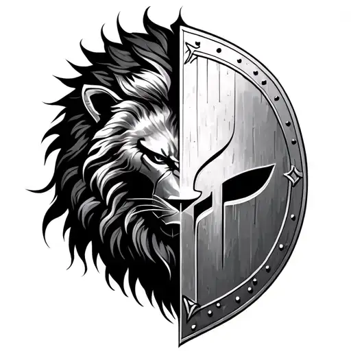 Spartan, shield, lion, ultra -realistic column tattoo design idea