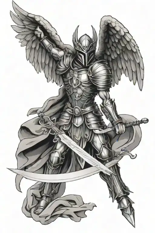 Archangel Michael in a mask with a sword and a mask tattoo design idea