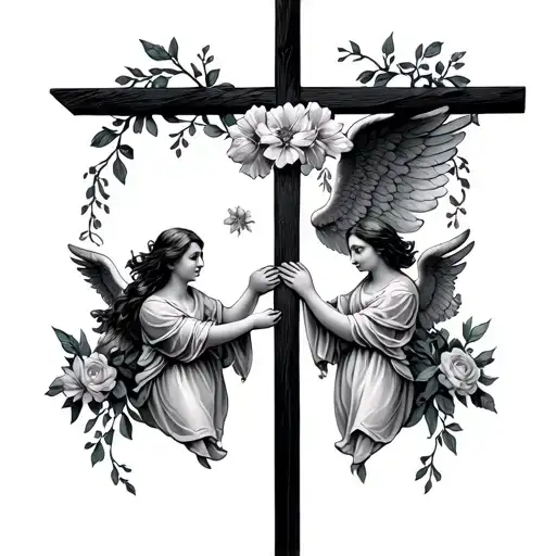 cross flowers angels holding hands tattoo design idea