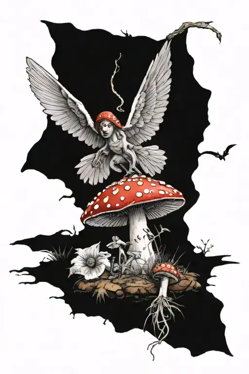 fallen angel falling in amanita muscaria tattoo design idea