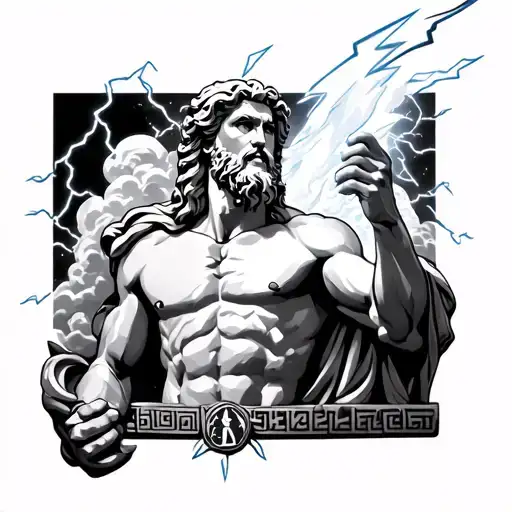Zeus holding a lightning bolt with clouds and lightning and Greek symbols around him tattoo design idea