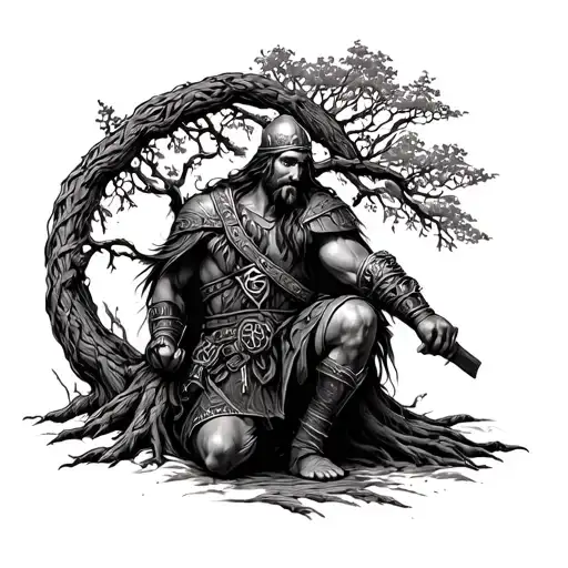 Viking warrior kneeling by knotted tree of life tattoo tattoo design idea