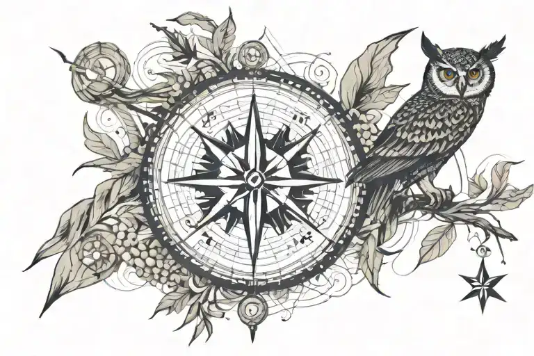 nc coast map, nautical compass. ear of corn, owl, thunderstorm, rope  worn playing card  tattoo design idea