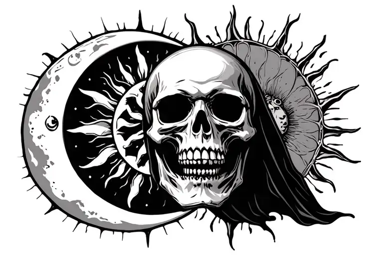 death skull with the sun and moon on either side profile grim reaper sicle tattoo design idea