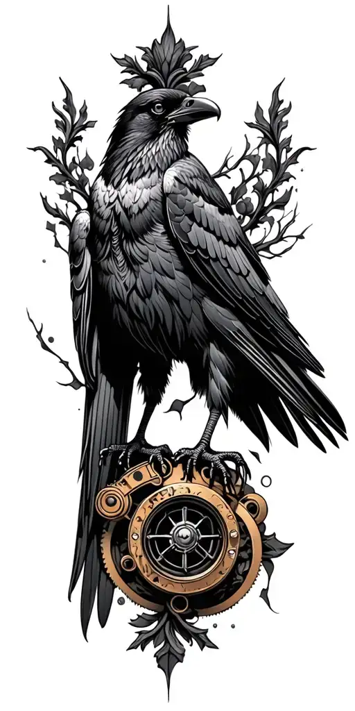 steampunk inspired arm tatoo with a raven perched tattoo design idea