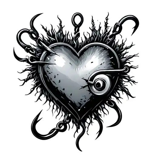 heart made from fishing hooks tattoo design idea
