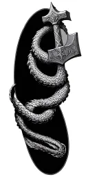 Jörmungandr wrapped with mjolnir hammer tattoo design idea