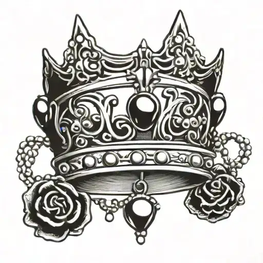 A traditional style crown with necklace charms hanging from it like a pendant tattoo design idea