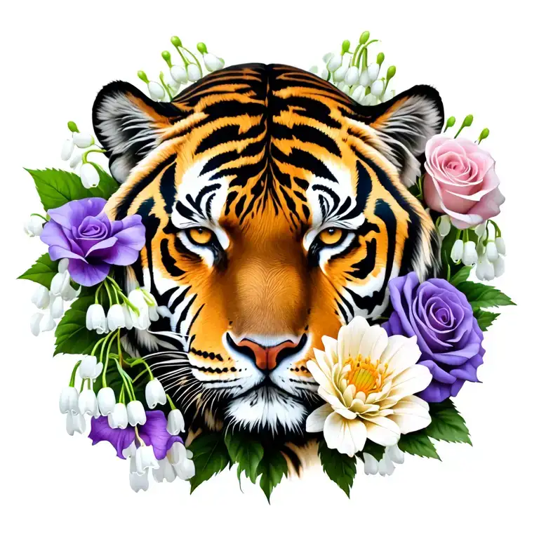 Tiger face surrounded by 1 lilly of the valley flower 3 Hawthorn Blossoms 1 sweet pea flower 1 chrysanthemum 6 roses  tattoo design idea