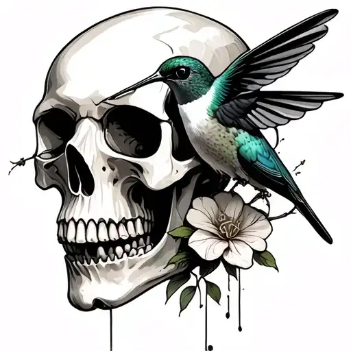 skull with hummingbird feeding tattoo design idea