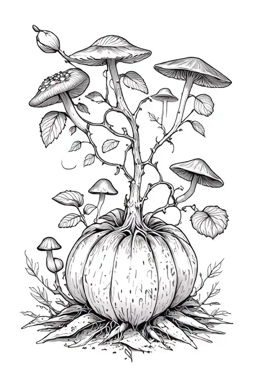 feminine fine line petite rose vine growing, mandrake around and mushrooms tattoo design idea