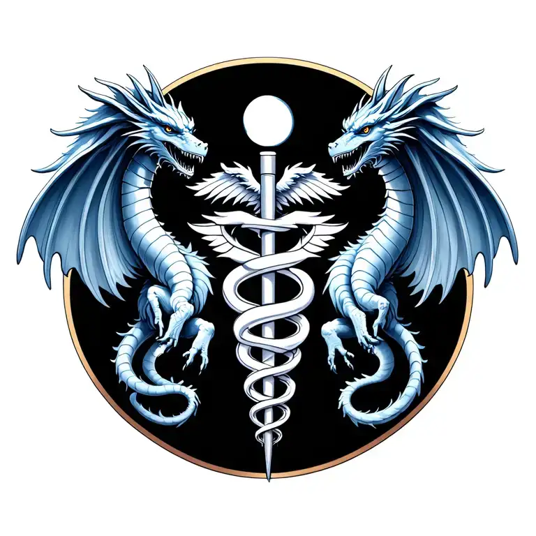 caduceus symbol using the body's of twin dragons, mirror the left and right sides tattoo design idea