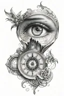 Hourglass upper half eye with integrated clock lower half family of four, compass tattoo design idea