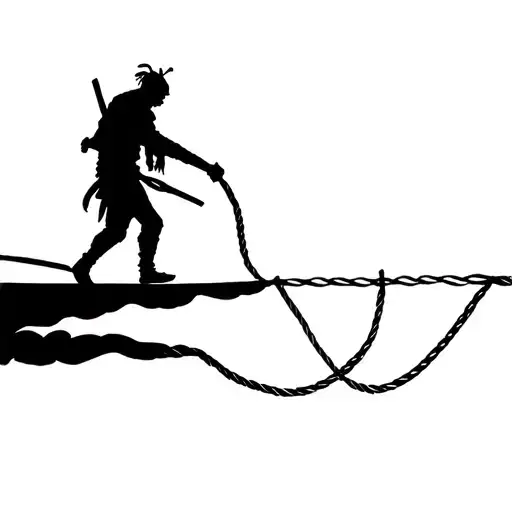 A tired warrior walking on a tightrope, but the warrior's shadow is moving backwards from under the rope. tattoo design idea