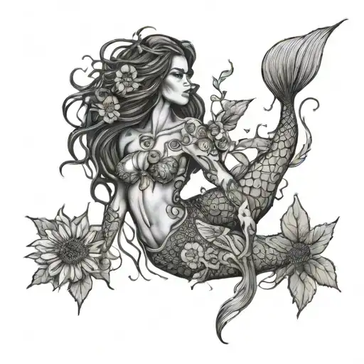 black mermaid with sunflowers long greens stems tied together tattoo design idea