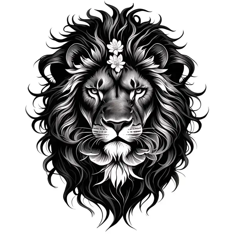 realistic front facing lion head with long hair and small lotus blossoms interwoven in the flowing mane more abstract tattoo design idea