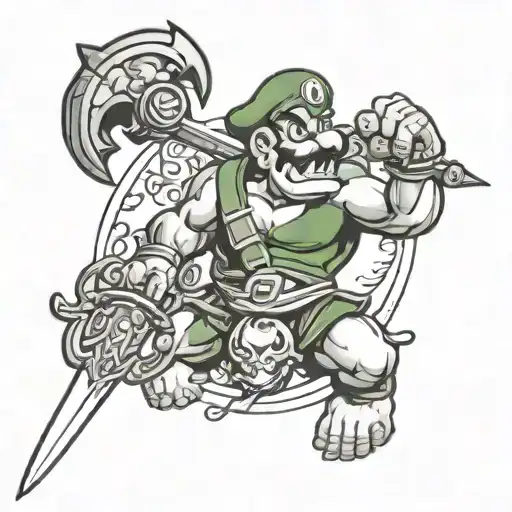 traditional of Luigi holding bowser’s head in one hand sword in other similar to the famous Theseus and Medusa motif tattoo design idea