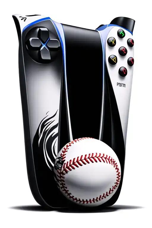 ps5 controller, movie theater, film roll, cricket ball merging tattoo design idea