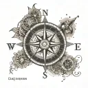 A dotwork tattoo of a compass rose surrounded by various symbols representing different countries you have traveled to, showcasing your passion for traveling tattoo design idea