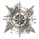 A dotwork tattoo of a compass rose surrounded by various symbols representing different countries you have traveled to, showcasing your passion for traveling tattoo design idea