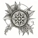 A dotwork tattoo of a compass rose surrounded by various symbols representing different countries you have traveled to, showcasing your passion for traveling tattoo design idea