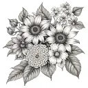 grey-coloured flowers. Flowers like violets, sunflowers, some fruit tattoo design idea