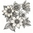 grey-coloured flowers. Flowers like violets, sunflowers, some fruit tattoo design idea
