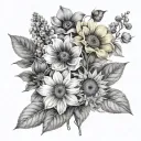 grey-coloured flowers. Flowers like violets, sunflowers, some fruit tattoo design idea