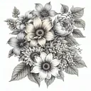 grey-coloured flowers. Flowers like violets, sunflowers, some fruit tattoo design idea