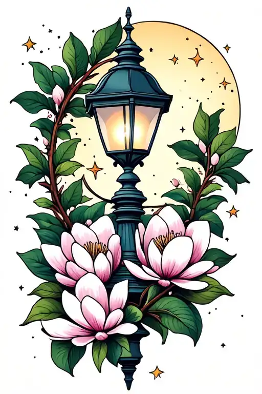Magnolia flowers around a street lamp at night with stars and moon manly tattoo design idea