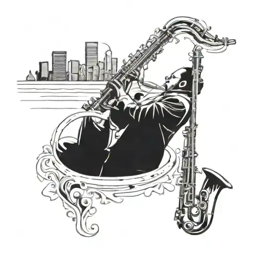 Incorporate a jazz saxophone player silhouette with a New Orleans skyline in the background tattoo design idea