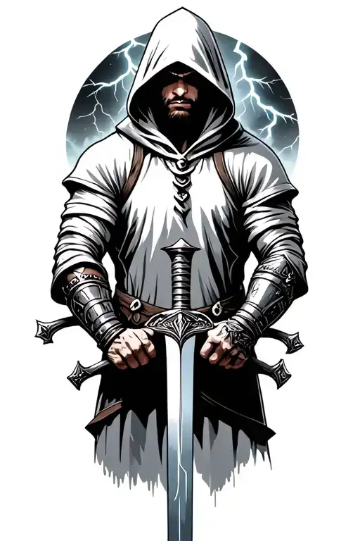 hooded warrior holding a sword with thunderstorm background tattoo design idea