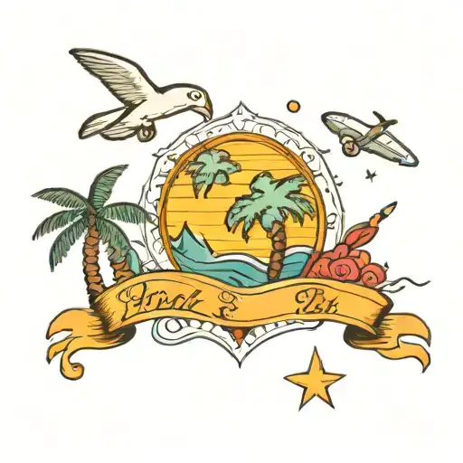 the world, a plane that draws a heart with in the chemtails a palm tree 🌴 the 🌊 sea and the sun tattoo design idea