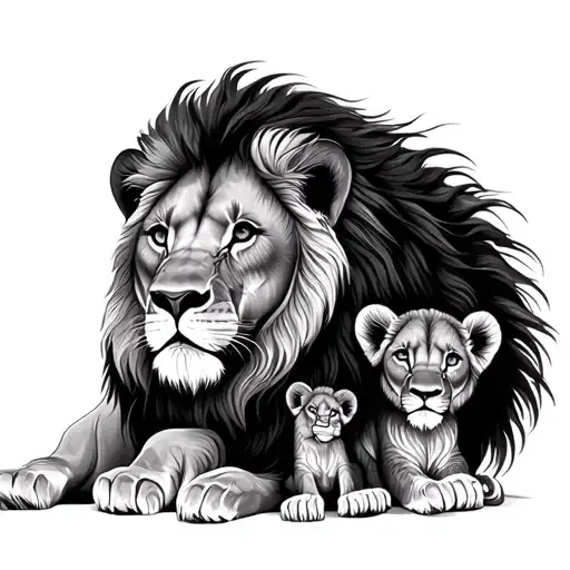 lion, lioness, 2 cubs mandala design incorporating tattoo design idea