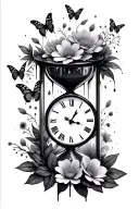 hour glass with clock face melting with flowers and butterflies tattoo design idea